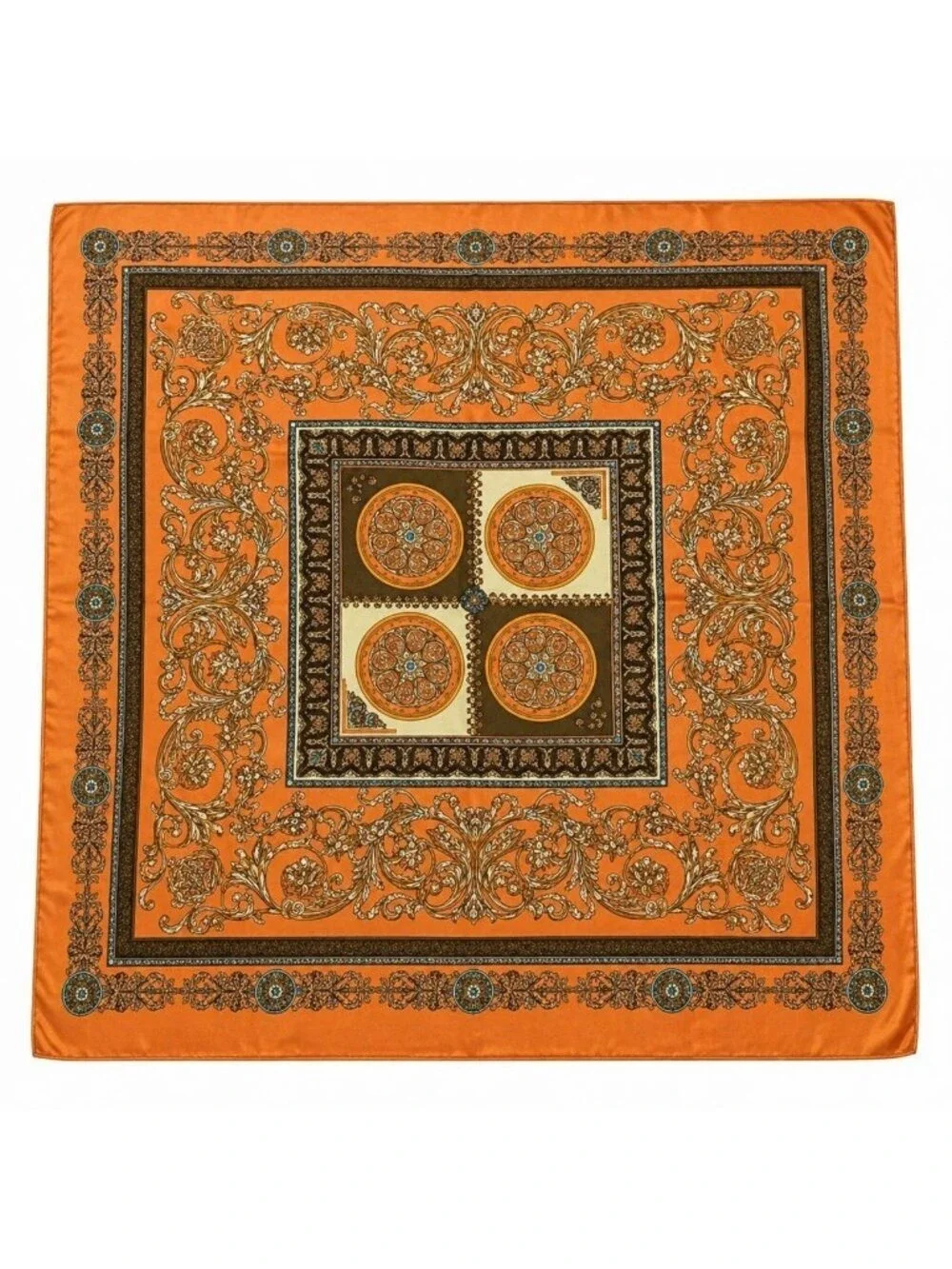 Luxury Square Satin Scarf With Ornate Floral Motif - Orange & Gold Border Design